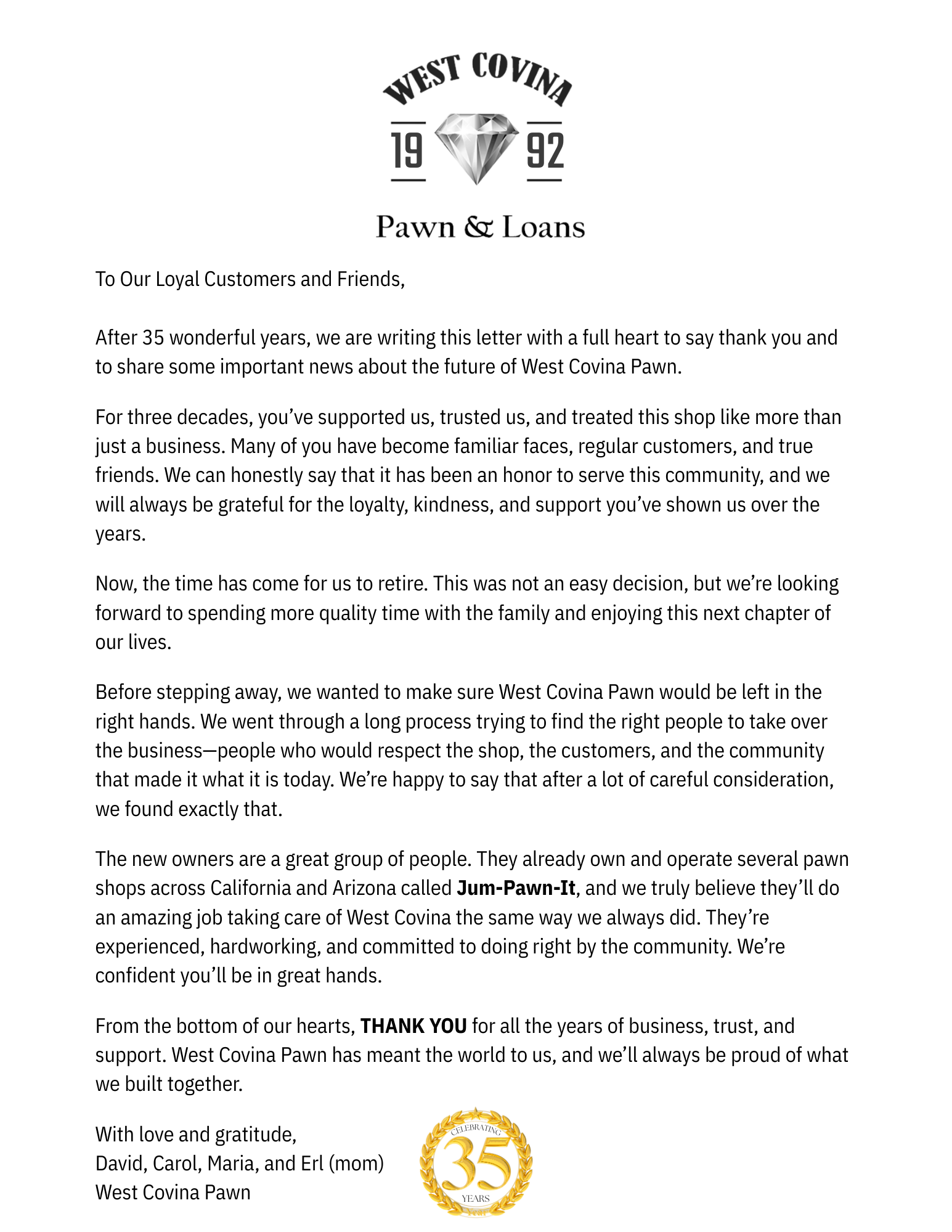 Farewell West Covina Pawn - A Letter From David